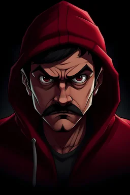 Middle aged man, anime,evil, demon, mario-like cap, mustache, black hair, tan skin, dark red hoodie and cap, eyes obscured in darkness