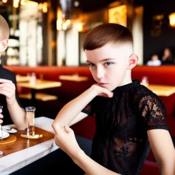 Russian guy young boy short man's haircut men's face boyish features female figure in black girlish lacy cocktail dress in restaurant