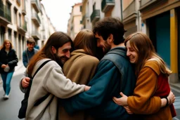 Grupo de personas abrazadas de espaldas en una calle de una ciudad española. fotografía realizada con cámara Leica y objetivo 50 mm. Fotografía en color