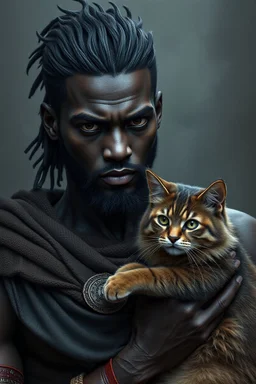 beautiful black skin warrior man gray hair holding a cat