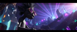scene from gorillaz music video, 3D anime cinematic, Unreal Engine 5, stylized realism, vibrant Goa trance colors, glowing crystals, volumetric god rays, atmospheric perspective, deep cinematic lighting, sharp focus, dramatic camera angle, dynamic composition, high detail, masterpiece concept art
