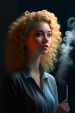 ghost smoke background, a cute curly blonde female chat robot that stares at us like we are the prettiest demons she has ever seen, its such a perfect day, motion blur, smoke, 8k, downlight, soft light, depth of field, photorealism, trending on art station, lotsa detail