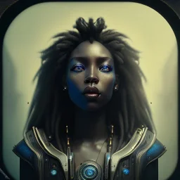 a black woman with one blue crystal eye, steam punk, realistic, made in octane, cinematic, ultra-realistic, extremely detailed octane rendering, 8K, VRAY Super Real ar 2:3, dof photorealistic futuristic 50mm lens hard lighting dark gray tintype photograph, realistic lighting