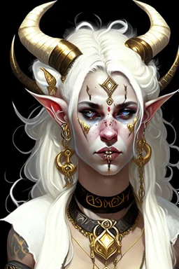 A young tiefling woman with a set of ram horns on her head encrusted with jewels, White-Blonde, ear length hair, black eyes, dressed in white and gold with lots of jewelry, beautiful, satanic tattoos on her neck, she is happy