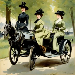 The Goldsmith Ladies in the Bois de Boulogne in 1897 on a Peugeot car, Julius LeBlanc Stewart, smile, dog