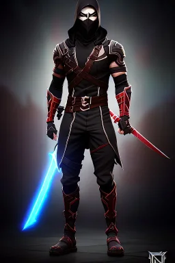 muscular ninja assassin, athletic build, wearing black and red baggy pants with pockets, hood and balaclava mask, tan skin, big boots, two swords crossed his behind back, dark hazel eyes, eyes are both in proportion and green, 3/4 look, 5 o'clock shadow, short brown hair, standing, dark cobblestone alley, one vertical white light behind head, non photorealistic rendering in the art style of j.scott campbell