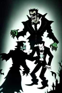 Frankenstein monster and the wolfman fighting each other as Dracula stands by and watches