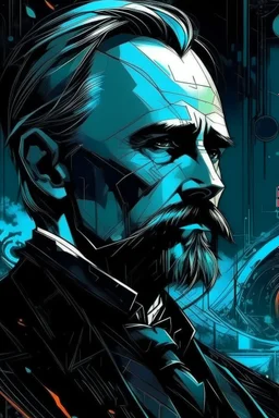 Best quality, masterpiece, ultra high definition,Futuristic, cyberpunk, Friedrich Nietzsche,Comic style