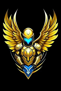 Gaming yuong man have a wings with a golden armor and gem is five integrated avatar logo design