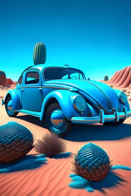Create an image of a blue Beetle car driving through the desert with cacti in comic style 3D