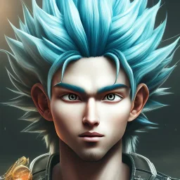 Son-goku close up, face, extreme details, glowing hair, realistic, unreal engine, 4k, steam punk art