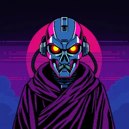 8 bit pixelart of a terminator like robot, synthwave colored, vaporware, budist monk robe