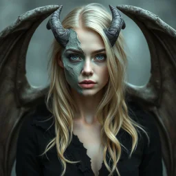 a portrait of an attractive blonde fantasy woman who is half human and half gargoyle, her face is partially made of stone