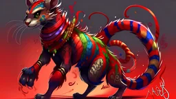 A noodly creature with 0 legs, and has a hunchback and split tail and is rainbowy, African Palm Civet-like colors, galaxy-splattered, red in color. It is wearing silks, clothes, a ribbon, armor.