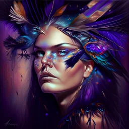 #Leonardai Starling , photorealistic ,pop surreal , lowbrow art ,enchanting portrait of a beautiful mature woman,representing a starling , feathers in her hair ,black and vibrant colors , sweet , magical , cosy warm light , whimsical, alluring , dazzling ,, expressive