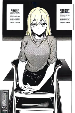 blonde girl converses sitting on a chair., grayscale, manga page