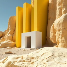 Un'immagine di un paesaggio naturale simile al deserto del Taklamakan, con rocce gialle pastello, imponenti, accanto a strutture artificiali verticali gialle. Persona. Queste strutture sembrano blocchi rettangolari riflettenti, come colonne di vetro o specchio, che creano un contrasto tra il naturale e l'artificiale. Edificio brutalista si erge solitario. Bianco con venature e solchi. La scena trasmette un senso di dialogo tra elementi organici. Dettagli delle rocce molto accentuat