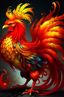a majestic pokemon, flame-covered rooster with feathers that resemble traditional Chinese imperial robes. Its tail feathers are long and fiery, resembling the elegant tails seen on Chinese dragons. The rooster's comb is shaped like a crown, symbolizing its regal presence.