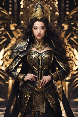 Realistic photography,front_view, (1Queen, looking at viewer), black long hair,traditional dress ornaments mechanical_armor, intricate armor, delicate golden filigree, intricate filigree, black metalic parts, detailed part, dynamic pose, abstrac background, dynamic lighting