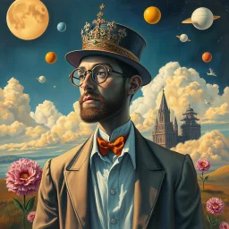 Create a surreal image that represents, in a creative way, the following concept: 'It's A Lucky Man Who's Happy With His Place In Life.' Surreal composition, in style by Richard Burlet and Esao Andrews Modifiers: fantasy very attractive beautiful imperial colors crisp quality colourful Jacek Yerka acrylic art pencil sketch Pop Art Paul Klee Banksy Pablo Picasso Esao Andrews Jan Vermeer abstract expressionism semolina pilchard dmt puff