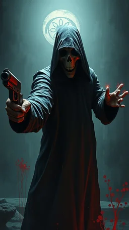Bosch painting style nightmare , 3D , the phantom pointing a gun to you background, high Quality picture , 8k