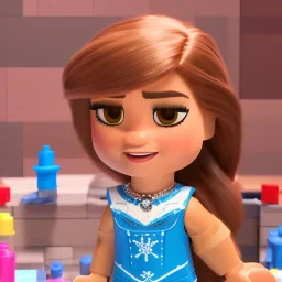 anna wintour with dark brown hair in a ponytail, blue eyes, happy, lego, steampunk