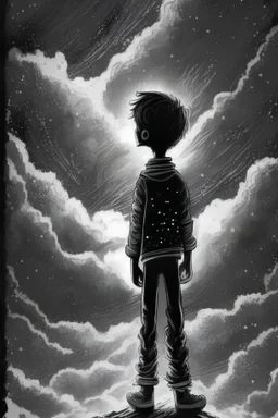 cartoon boy standing in an endless void, sky , beautiful, rich deep colors, painting, intricate artwork, detailed, in the style of T Allen Lawson and Ian Fisher and Sidney Richard Persson, black and white only, dark, gritty, science