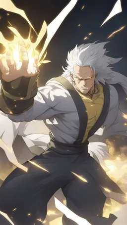 A man fighting with his hands have white Pretty hair and yellow glowing eyes and strong muscles