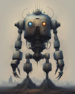 can you draw a beksinski robot in a style appropriate for Paradroid 90?