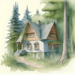 A color architecture drawing of a cottage in the woods