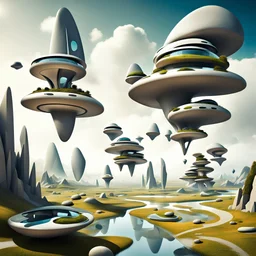 Architecture in the Future, Landscape, with crazy houses on flying Stones