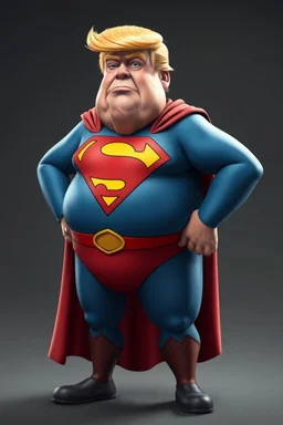 a thoroughly confused, frail, elderly and obese donald trump standing dressed as cartoon superman
