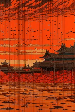 A dark orange colored digital realm with pixels painted by Utagawa Hiroshige