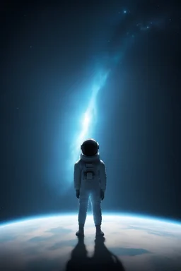 An image of a person standing alone in space, looking down on Earth. Stars are viewed in the background and a light blue glow on the background.