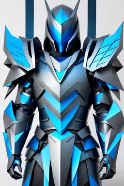 neon blue, flying parts of armor in form of triangles, cyber armor, geometric patterns on armor, male, orbiting triangle