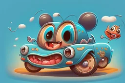 whimsical cartoon car with big eyes and its front grill forming a friendly smile, with a mouse character riding on it.