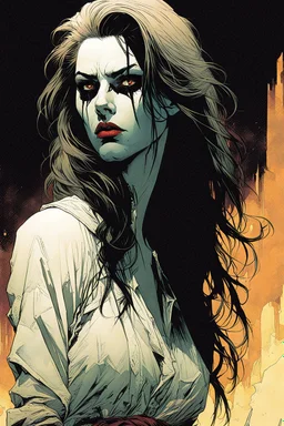 create a savage mercenary vampire girl, finely defined and sharply lined facial features in the comic book art style of Mike Mignola, Bill Sienkiewicz and Jean Giraud Moebius, , highly detailed, grainy, gritty textures, , dramatic natural lighting