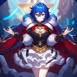 Clear focus, High resolution, rough line art, cute, cartoon, medium blue hair, hair between eyes, fluffy hair, red eyes, super cool outfit with a split skirt, black red and gold color scheme