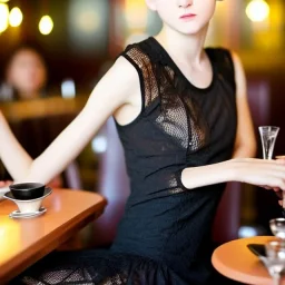 Russian guy boyish boylike short man's haircut boyish features in black girlish lacy cocktail dress in restaurant