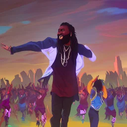 A vibrant and energetic concert performance by Lucky Dube, with a large crowd of enthusiastic fans dancing and singing along to his reggae music.spirit.energy and beauty of this moment.