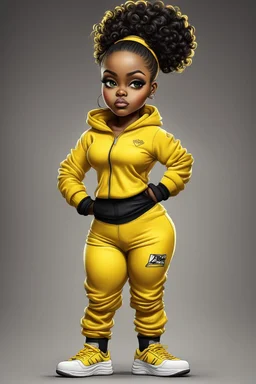 Create an airbrush image of a curvy chibi cartoon black female wearing a yellow jogger set and black sneakers. Prominent make up with hazel eyes. Extremely highly detailed of messing curly bun