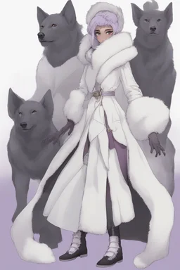 A dnd character sheet. A woman dressed for the cold north, with black hair and lilac eyes. She is dressed in white and black furs.