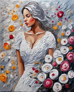 romantic-impressionism expressionist style oil painting,-impressionist impasto acrylic painting, thick layers of silver textured paint,ultra reality,bright colors,8k,thick white paint,silver and white,