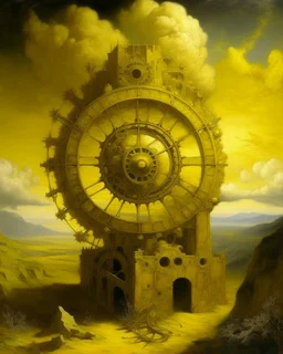 A yellow gulch with gears in the sky painted by Leonardo da Vinci