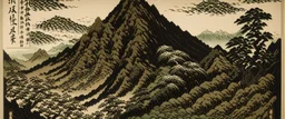 A dark brown mountain in ukiyo-e art style painted by Katsushika Hokusai