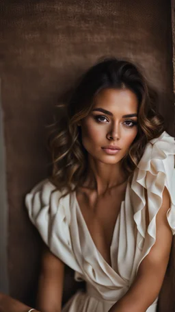 Portrait of a beautiful 28 year old woman with olive skin and light brown wavy hair wearing a designer dress