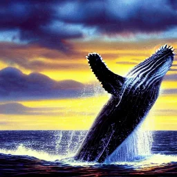 beautiful humpback whale jumping out of turbulent ocean water, stunning, magnificant, sunset sky, 8k resolution, high-quality, fine-detail, detailed matte, photography, illustration, digital art, brian froud, howard lyon, greg rutowski, Anne Dittman, Anne Stokes,