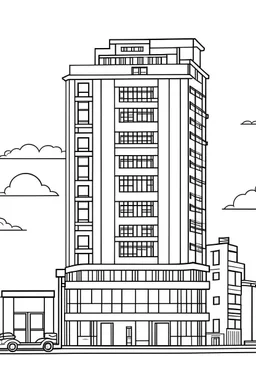 A 5 STAR MODERN HOTEL, flat vector, full view, only draw lines, clean line art, –no sketch, color, –ar 3:4, white background, minimalistic black lines, minimal black color, low level black colors, coloring page, avoid thick black colors, thin black line art, avoid colors, perfect shape, perfect clear lines,