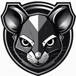 dead mouse's face logo on a triangular shield shape, vector(black white and gray)