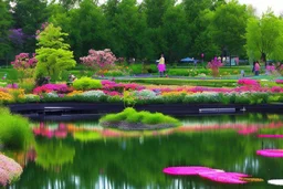 Modern city, people, pond, flowers